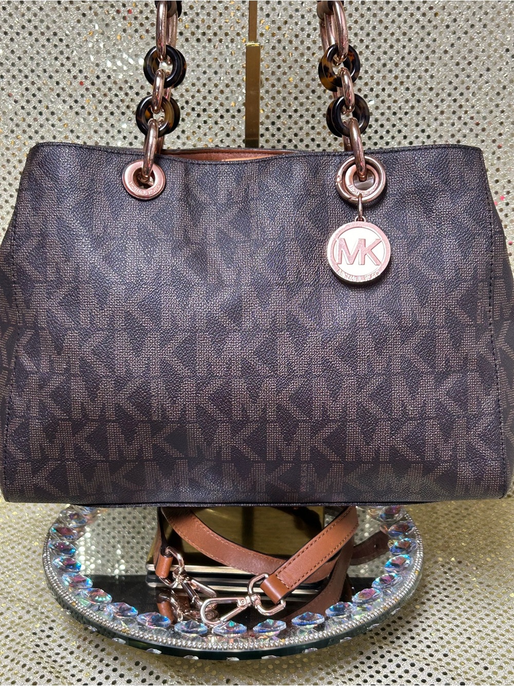 Michael Kors Brown MK Logo Chain-Handle Shoulder Bag with Rose Gold Accents